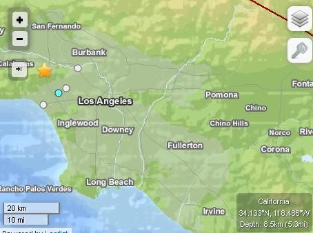 美国洛杉矶发生4.4级地震 震源深度8.5公里(图)